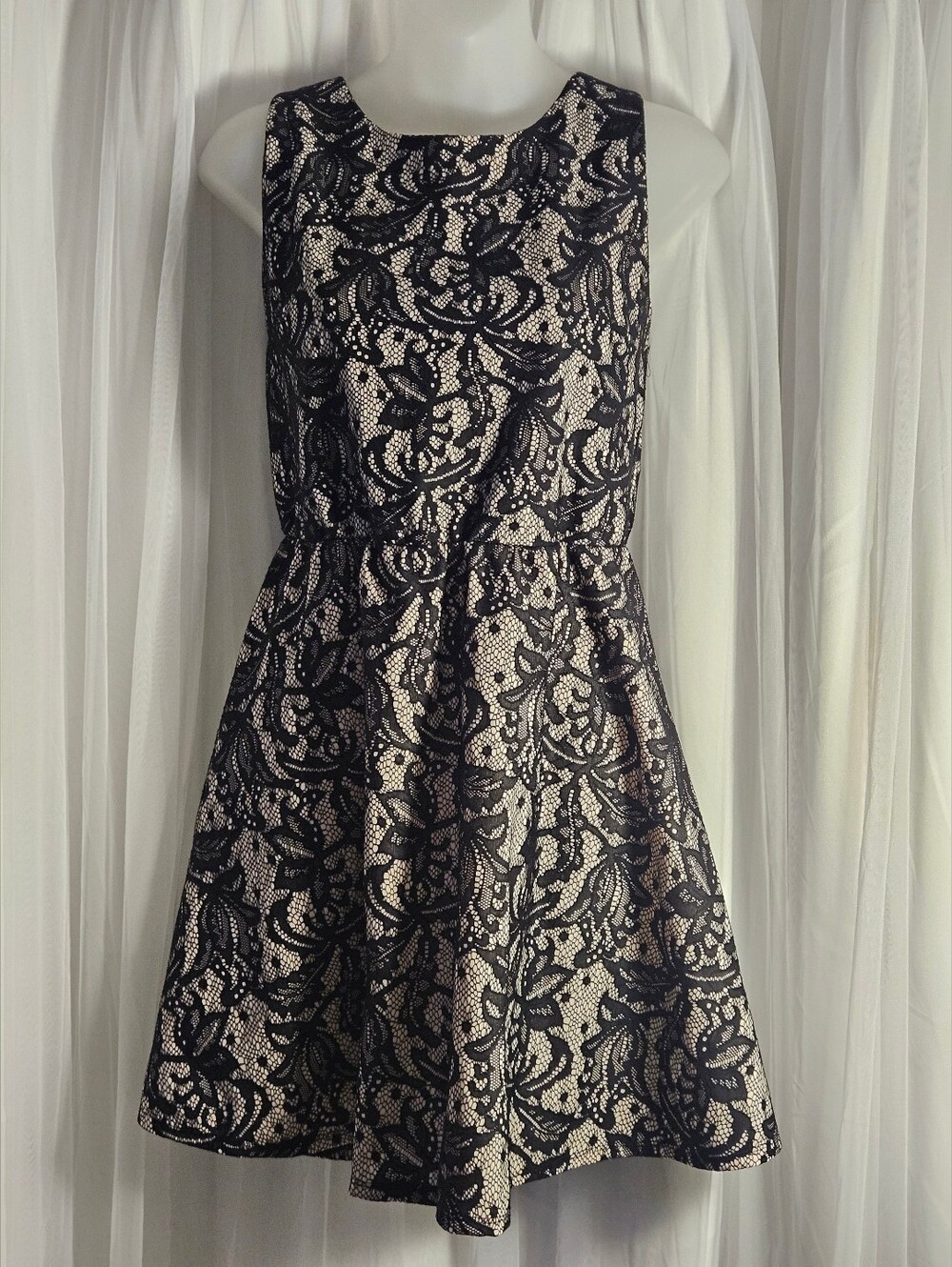 Sleeveless Black Lace-Overlay A-Line Dress